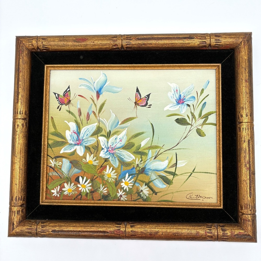 Vintage MCM Floral Oil Painting Faux Bamboo Frame Butterfly Botanical Art